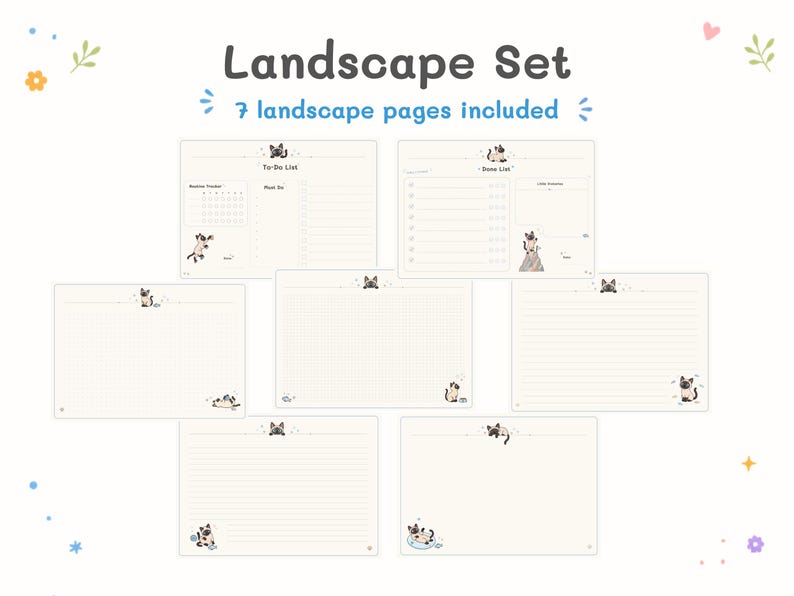 Cute Illustrated Cat Digital Stationery Bundle, A4 Printable Planner Pages PDF, 4 Covers + 14 Note Pages, To Do List, Lined Grid Dotted image 6