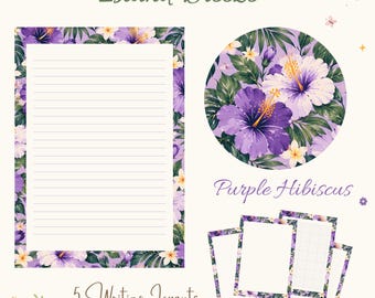May include: Stationery set featuring the text Island Breeze and Purple Hibiscus. Includes a large rectangular lined sheet, a circular floral graphic, and four smaller sheets with lined and grid layouts, all decorated with purple hibiscus flowers and green leaves.