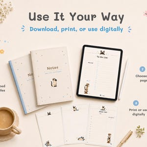 May include: A digital planner set featuring two notebooks, a tablet displaying a to-do list, and three loose-leaf pages, all decorated with Siamese cat illustrations. The text reads Use It Your Way, Download, print, or use digitally, Notes, and To-Do List.