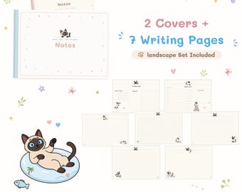 May include: A digital stationery set featuring two covers and seven writing pages with Siamese cat illustrations. The text reads 2 Covers + 7 Writing Pages, landscape Set Included, and Character-based illustrated digital stationery A4 PDF.
