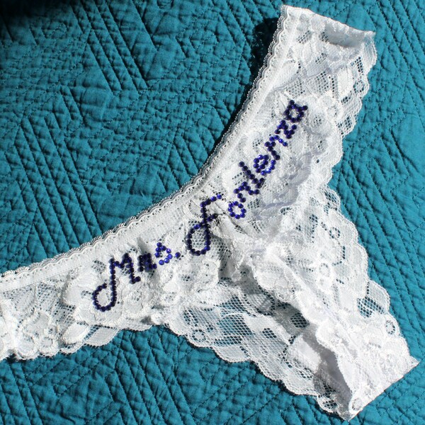 White Lace Custom Bridal Panties, Thong Bridal Lingerie, Wedding Shower Underwear, Bride Rhinestone Panties, Bridal Gift, Bachelorette