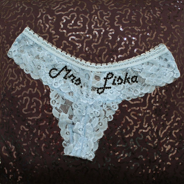 Personalized Light Blue Lace Custom Bridal Panties, Thong Bridal Lingerie, Wedding Shower Underwear, Bride Rhinestone Panties, Bridal Gift