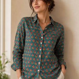 Camisa estampada de Jaipur, camisa de algodón con estampado de bloques a mano, blusa floral de Jaipur con botones, top bohemio de verano para vacaciones.