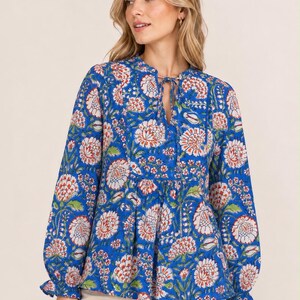 Indian Hand Block Print Cotton Blouse: Boho Floral Peplum Tunic Top