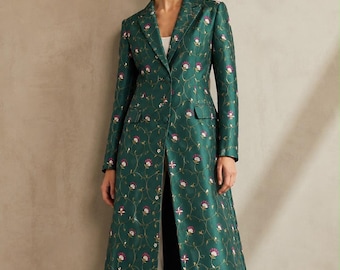 Hand  Embroidered Dupion Silk Long Jacket for Women | Luxury Floral Coat | Elegant Occasion wear