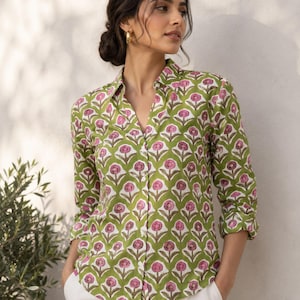 Hand Block Print Cotton Shirt, Jaipur Floral Button Down Blouse, Boho Summer Top
