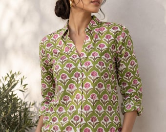 Hand Block Print Cotton Shirt, Jaipur Floral Button Down Blouse, Boho Summer Top