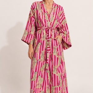 Kimono badjas van 100% katoen: blauwe luipaardprint, lichtgewicht loungewear