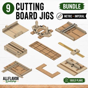 Könnte beinhalten: Eine digitale Illustration von 9 Schneidebrett-Vorrichtungen aus Holz mit Metallbeschlägen. Der Text lautet 9 CUTTING BOARD JIGS, BUNDLE, METRIC + IMPERIAL, BUILD PLANS und ALLFLAVOR Workshop. Diese Holzbearbeitungswerkzeuge sind in isometrischer Ansicht dargestellt.
