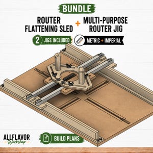 May include: A woodworking bundle featuring a router flattening sled and a multi-purpose router jig. The set includes two jigs with metric and imperial measurements. The illustration shows wooden components, metal rails, and wing nuts for assembly.