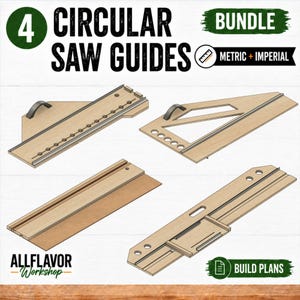 Puede incluir: Un paquete de 4 guías para sierra circular que incluye planos de construcción con medidas métricas e imperiales. Las guías de madera presentan varios diseños con mangos, recortes y rieles, etiquetadas con el texto 4 CIRCULAR SAW GUIDES.