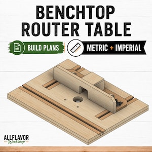 May include: A wooden benchtop router table featuring a central circular opening and an adjustable fence system. The text reads BENCHTOP ROUTER TABLE, BUILD PLANS, METRIC + IMPERIAL, and ALLFLAVOR WORKSHOP. The design includes integrated tracks.