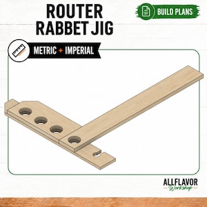 Puede incluir: Una guía de rebajado para fresadora de madera con un brazo largo y una base más corta con cuatro orificios circulares. El texto "ROUTER RABBET JIG", "BUILD PLANS", "METRIC + IMPERIAL" y "ALLFLAVOR WORKSHOP" aparece en el fondo blanco.