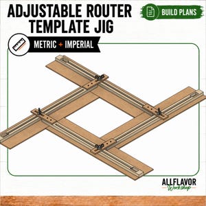 May include: An adjustable router template jig featuring four wooden rails arranged in a square configuration with metal hardware, wing nuts, and slots for adjustment. The text reads ADJUSTABLE ROUTER TEMPLATE JIG, BUILD PLANS, and METRIC + IMPERIAL.