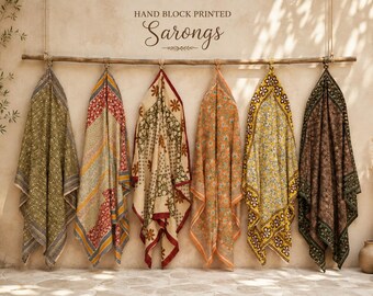 Komplet sarongów z nadrukiem ręcznym, sarong plażowy w stylu boho, spódnica z indyjskiej bawełny, ręcznie robiony sarong z kwiatowym wzorem, narzutka plażowa, otulacz do jogi, szalik letni|