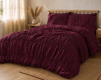 Burgundy Ruched Duvet Cover Set, Luxury Cotton Bedding Set, Queen King Twin Bedding, Boho Farmhouse Bedding, Soft Ruffled Duvet Cover |