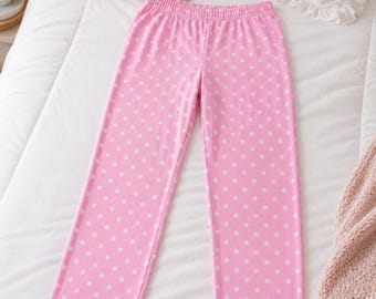 White Polka Dot Pink Pajama Pants | Sleep Lounge Bottoms