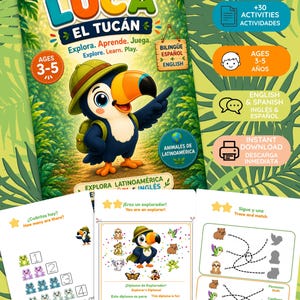 Könnte beinhalten: Ein digitales Aktivitätsbuch mit dem Titel Luca El Tucán, das einen Zeichentrick-Tukan als Entdecker zeigt. Das Cover enthält den Text Explora. Aprende. Juega. sowie Seiten mit Zählübungen, einem Entdecker-Diplom und Zuordnungsspielen.
