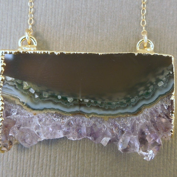 Amethyst Slice Druzy Necklace with 24k gold edging on a long gold fill chain