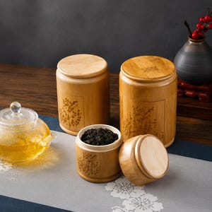 May include: Three cylindrical bamboo tea canisters with light wood grain and etched floral patterns, accompanied by a clear glass teapot filled with golden liquid and a small dark ceramic vase containing red berries on a dark wooden surface.