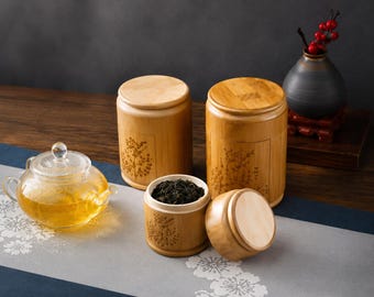 Handmade Bamboo Tea Storage Box with Carved Lid, Sealed Tea Canister for Loose Leaf Tea & Kitchen Storage