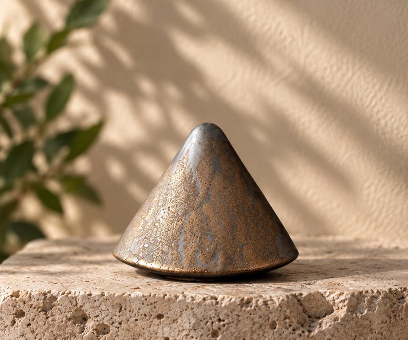 May include: A conical object with a textured surface featuring a blend of metallic bronze and dark gray tones. The finish appears weathered and uneven, with a smooth, rounded peak and a wide, circular base that tapers toward the top point.