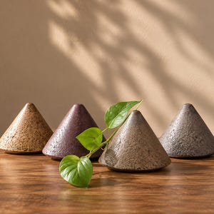 May include: Four cone-shaped ceramic objects with textured, speckled surfaces in shades of tan, dark purple, brown, and gray. A single green leafy vine rests across the front of the brown cone, which features a small opening at the top.