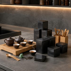 May include: A tea set featuring a bamboo tray, a dark brown teapot, a lidded cup, and three small cups with white interiors. Includes several matte black square canisters, two bamboo utensil holders with wooden tools, and a small green frog figurine.