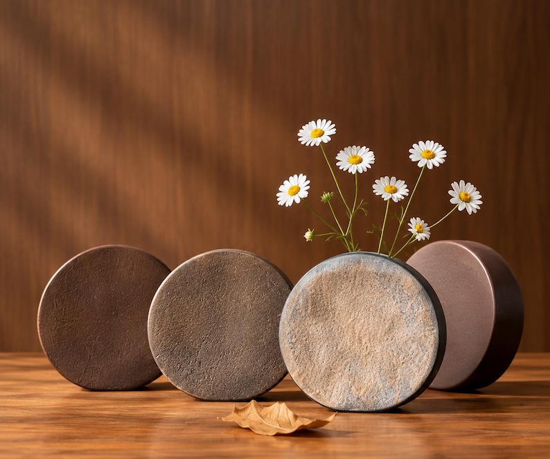 May include: Four circular, flat-faced objects with textured, earthy brown and grey surfaces arranged in a row. One object serves as a vase, holding a small bouquet of white daisies with yellow centers. A single dried leaf lies in the foreground.