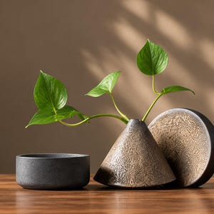 May include: A conical ceramic vase with a textured beige and brown finish holds a green leafy plant. Beside it sits a small, smooth, dark gray cylindrical bowl and a circular, textured beige and brown ceramic disc with a dark gray rim.