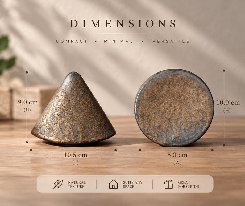 May include: Two ceramic decorative objects with a textured, mottled grey and gold finish. One is conical, measuring 9.0 cm in height and 10.5 cm in length. The other is circular, measuring 10.0 cm in height and 5.3 cm in width. Text reads DIMENSIONS.
