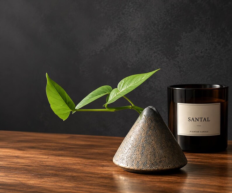 May include: A cone-shaped stone vase with a textured, mottled brown and gray surface holds a small green plant with three leaves. Next to the vase sits a dark brown glass candle jar with a white label that reads SANTAL and SCENTED CANDLE.