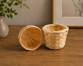 Small Handwoven Bamboo Basket, Natural Wicker Storage Organizer for Desk, Plants & Home Decor