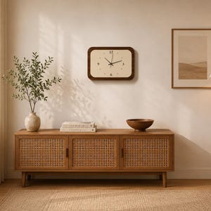 May include: A rectangular wall clock with a dark wood frame and a cream-colored face featuring black numerals at the 12, 3, 6, and 9 positions, along with thin black hour, minute, and second hands centered on the clock face.