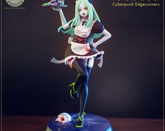 May include: A Rebecca Cyberpunk Edgerunners figurine featuring a character with mint green hair, wearing a black and white maid outfit with a ruffled apron. The figure holds a tray with drinks and stands on a circular blue base with a mask.