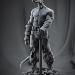 May include: A monochromatic grey figurine of a muscular, horned humanoid character with a goatee, wearing trousers with a belt and a cross pendant. The figure has a large mechanical right hand, stands on a base of skulls, and holds a long sword.