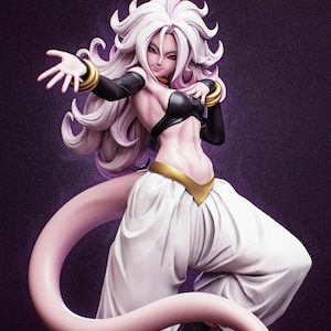 May include: A detailed anime-style figurine of a character with long, voluminous white hair, red eyes, and a long pink tail. The figure wears a black crop top, black arm sleeves with gold cuffs, and loose white trousers with a gold waistband.