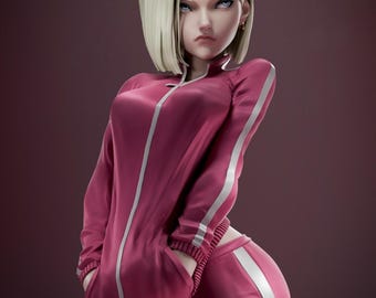 May include: A figurine of a character with short blonde hair, wearing a magenta track jacket with a white vertical stripe and matching track pants. The character has a serious expression, blue eyes, and small gold hoop earrings.