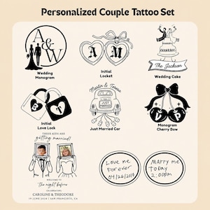 May include: A collection of black and white temporary tattoo designs featuring wedding-themed illustrations including a monogram, heart lockets, a wedding cake, a car, cherries, and text-based designs like Love me Forever and Marry me Today.