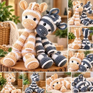 Puede incluir: Dos peluches de ganchillo con forma de cebra, uno con rayas beige y blancas y el otro con rayas gris oscuro y blancas. Ambos juguetes presentan grandes ojos negros, orejas redondeadas y una construcción de hilo suave y texturizada.