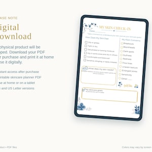 May include: A digital skin check-in planner page displayed on a tablet screen. The document features blue floral accents and text including My Skin Check-In, How Does My Skin Feel, My Main Concerns, What does my skin needs, and My skincare goals.