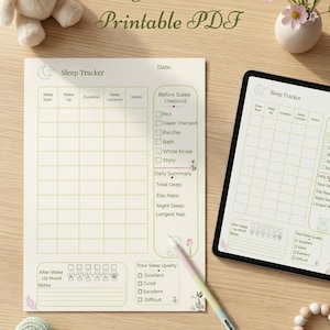 Puede incluir: Una plantilla de seguimiento del sueño en PDF digital con una cuadrícula para el inicio del sueño, despertar, duración, ubicación y notas. Incluye una lista de verificación antes de dormir, resumen diario y sección de estado de ánimo al despertar.