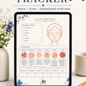 May include: A digital acne tracker displayed on a tablet screen, featuring an acne profile section with a face diagram, a breakout area checklist, and a table defining acne types like blackheads, whiteheads, papules, pustules, nodules, and cysts.