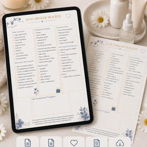 May include: An Acne Trigger Tracker digital planner displayed on a tablet and printed paper, featuring checklists for diet, lifestyle, environment, and medication. The design includes blue floral accents, heart icons, and the text Acne Trigger Tracker.