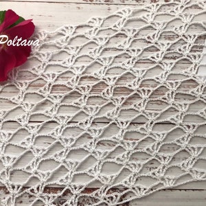 May include: White crochet doily with a delicate, intricate pattern. The doily is made with a fine thread and has a scalloped edge.
