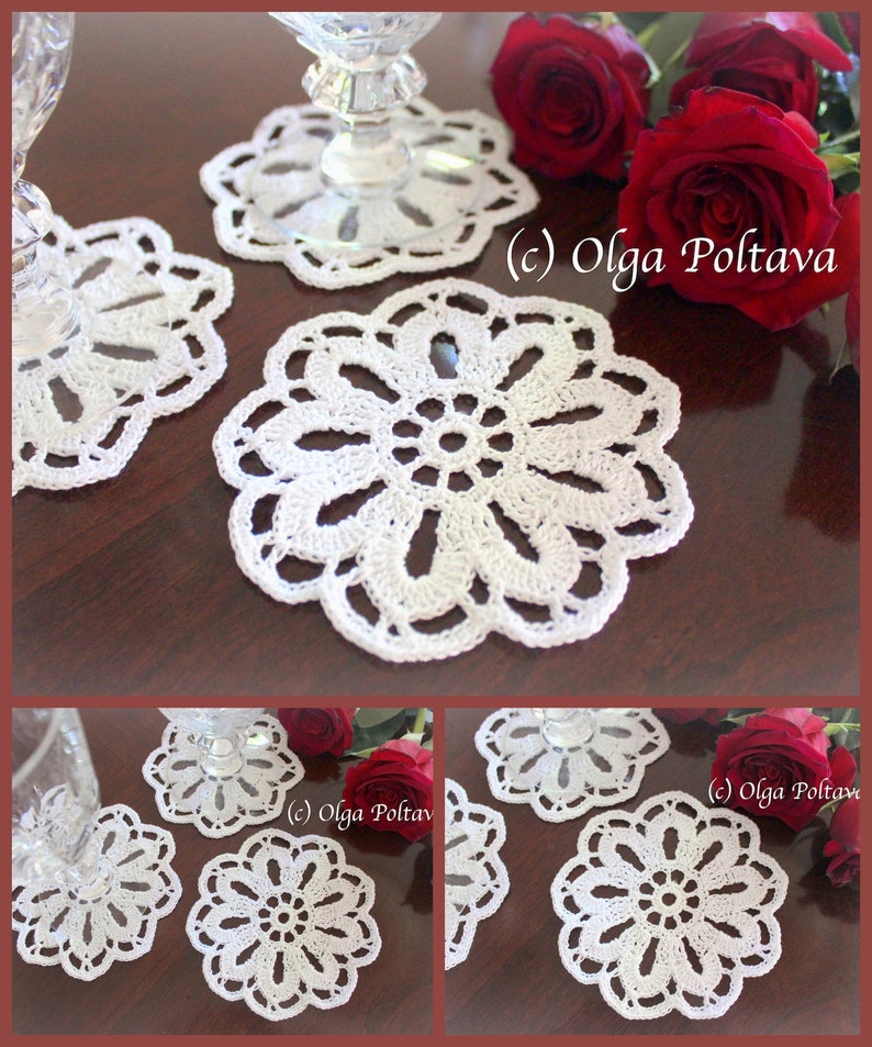 May include: Four white crocheted doilies with a floral design. The doilies are on a wooden surface with red roses in the background. (c) Olga Poltava