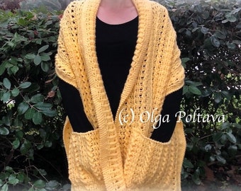 Crochet Pattern, Textured Cables Pockets Shawl, Crochet Pattern One Size, Instant PDF Download