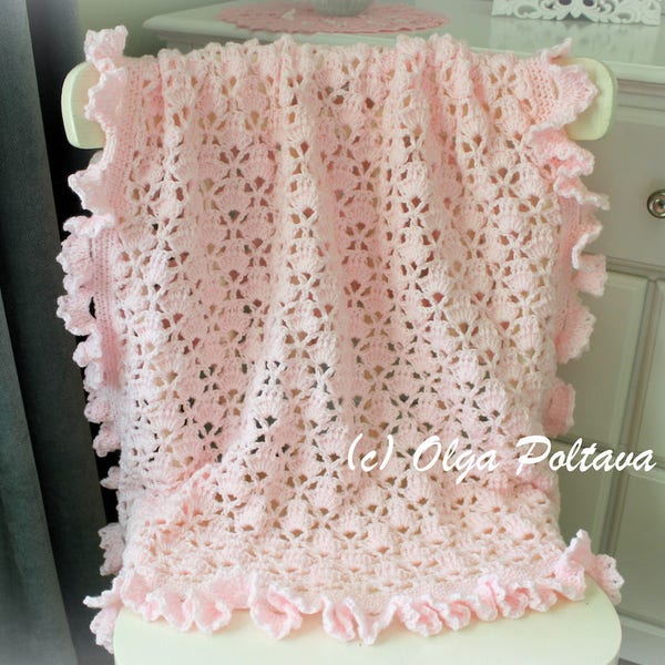 Lace Cupcakes Baby Blanket With Ruffled Trim Crochet Pattern, Pink Lacy Baby Afghan Pattern, Easy Crochet Pattern, Instant PDF Download