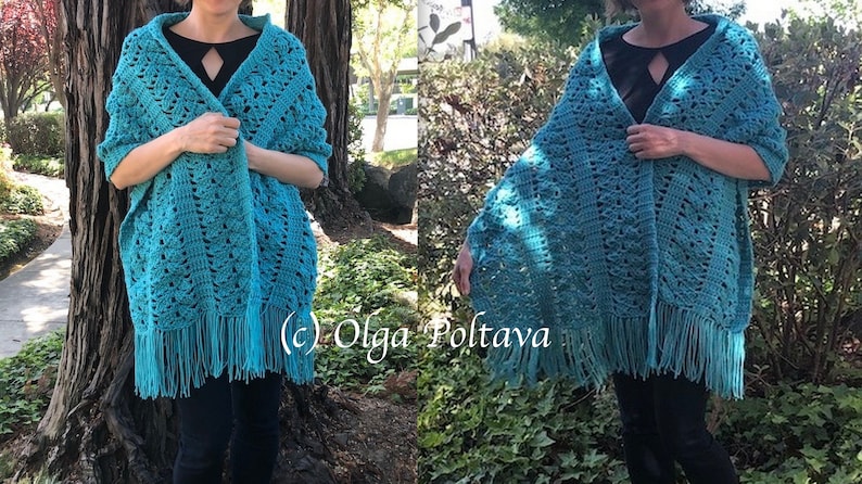 May include: A teal crochet shawl featuring an intricate openwork pattern and long fringe along the bottom edge. The garment is draped over the shoulders and includes the text (c) Olga Poltava printed in white across the center of the image.