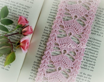 Crochet Bookmark Pattern, Pink Fans Crochet Bookmark, Crochet Lace Edging, Lace Trim, Easy Crochet Pattern